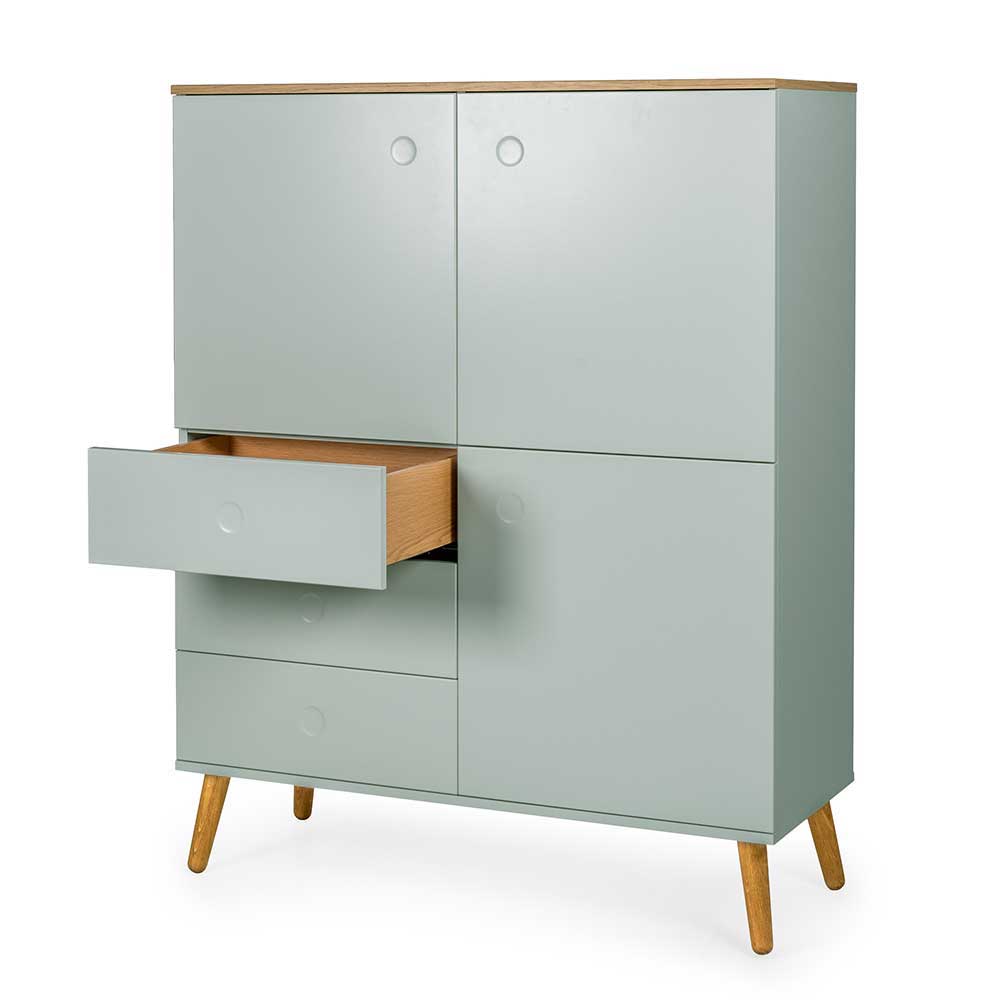 Retro Highboard in hellem Grün Akdova mit Furnier Eiche