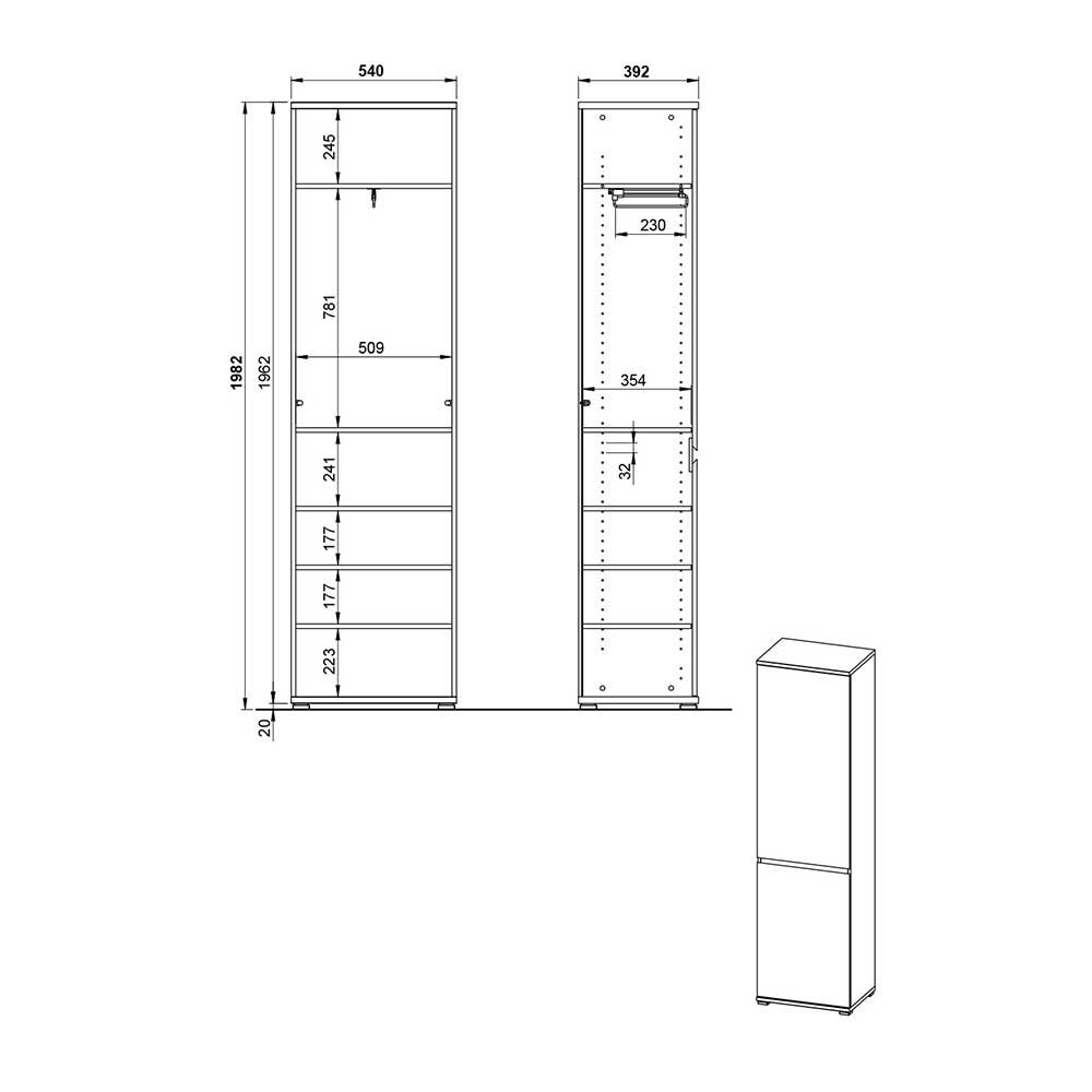 54x200x40 Garderobenschrank in Wildeiche & Grau - Orsecca