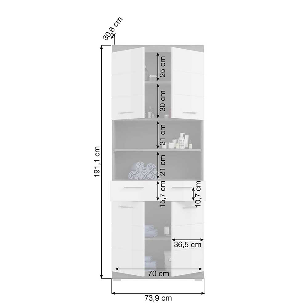 Breiter Hochschrank fürs Bad 74x191x31 cm - Nancys