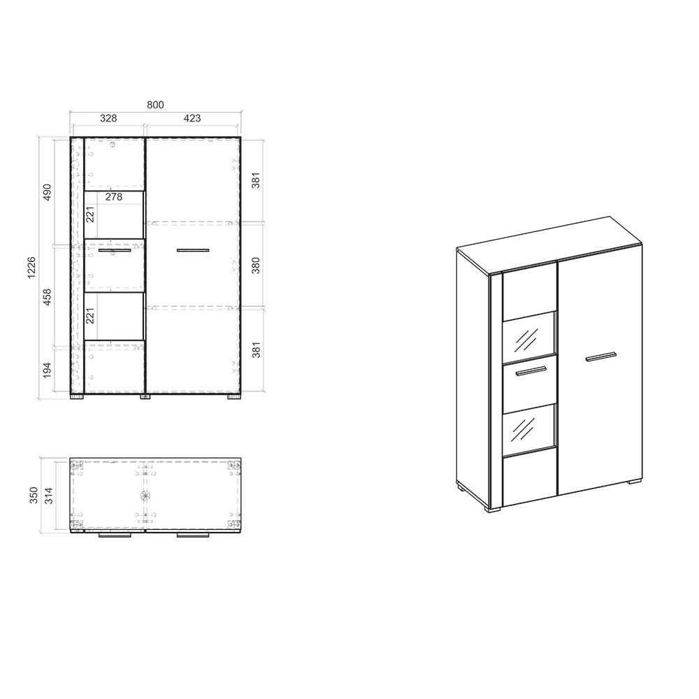 80x123x35 Hochglanz Vitrinenschrank in Weiß - Timmona