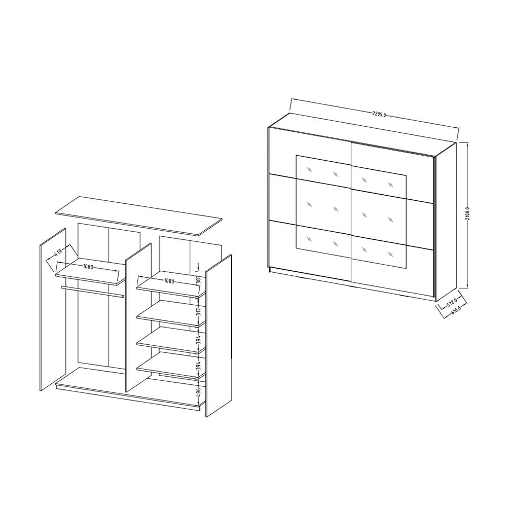 Schwebetürenschrank 2-türig mit Spiegel - Anglivia