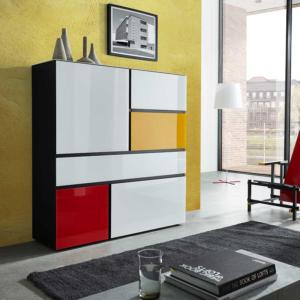 Highboard in Schwarz Weiß Rot Gelb - Sylverta