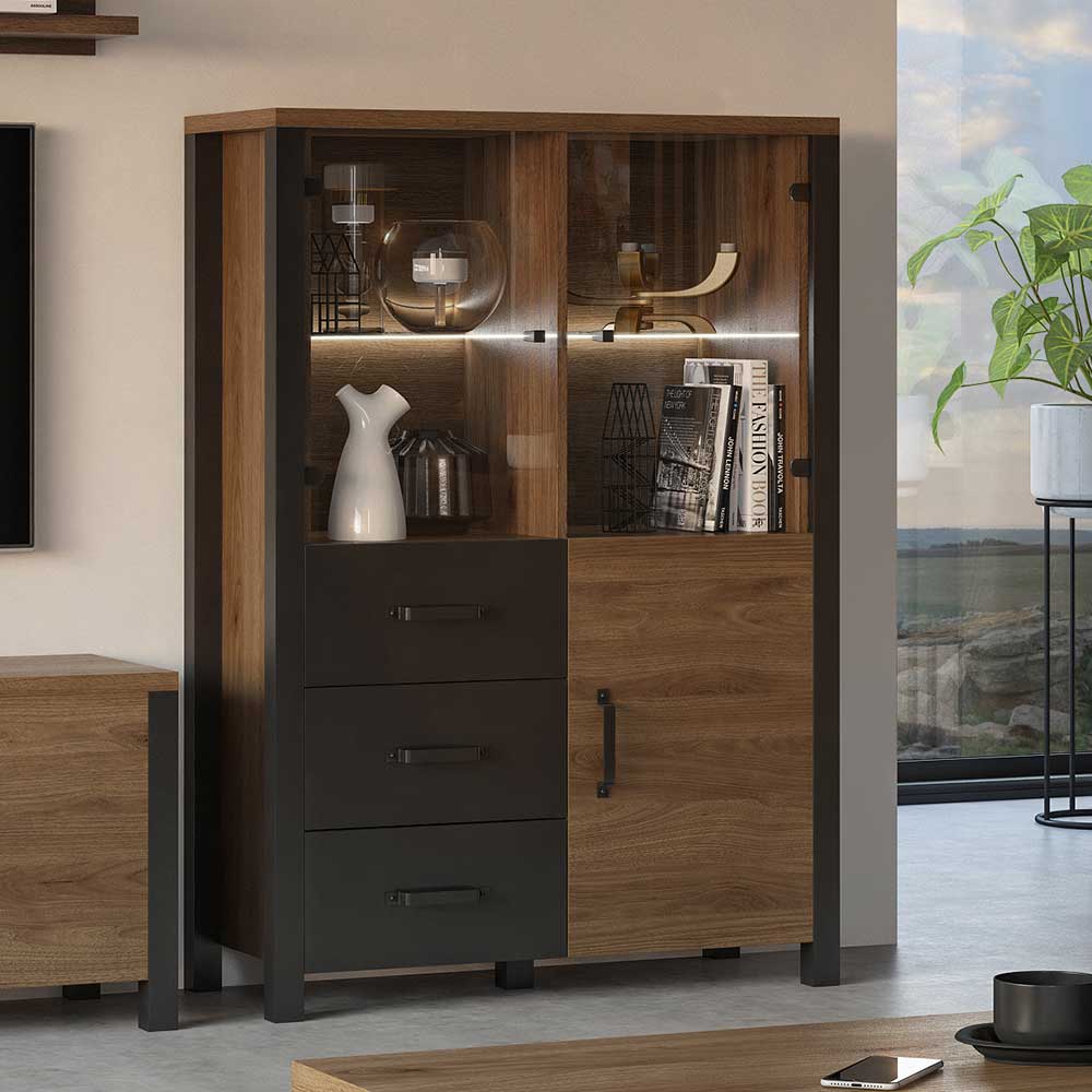 Highboard in Walnuss Optik & Schwarz - Emiato