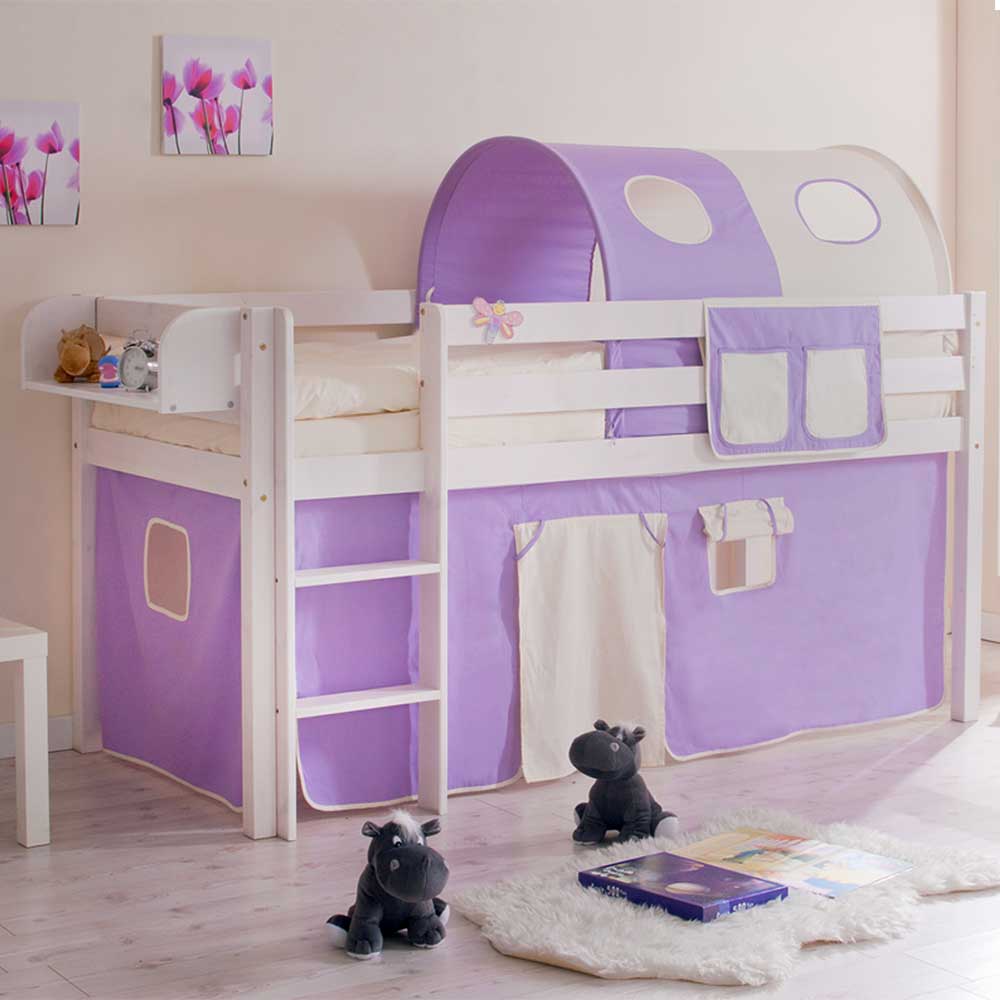 Kinderhochbett Turino mit Tunnel und Vorhang in Lila Beige