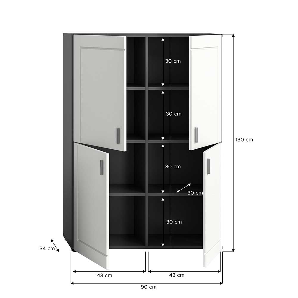 4-türiges Highboard in Weiß und Grau - Ungaran