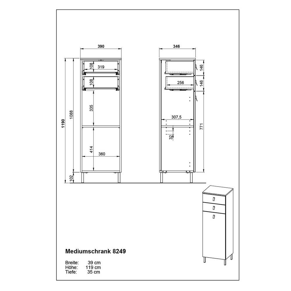 39x119x35 cm Badschrank mit zwei Schubladen - Sudessa