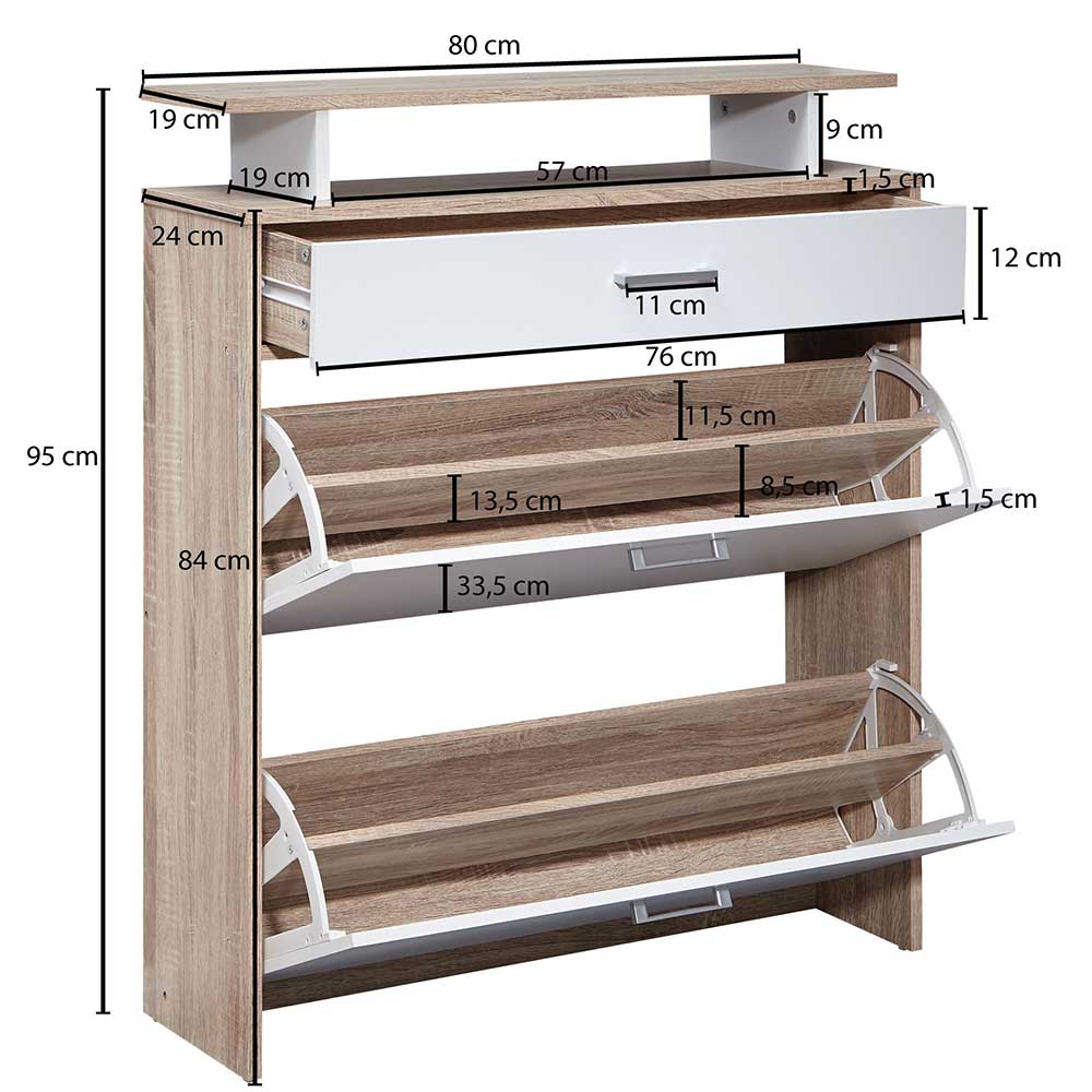 80x95x24 Schuhkommode mit zwei Klappen & Schublade - Crimera