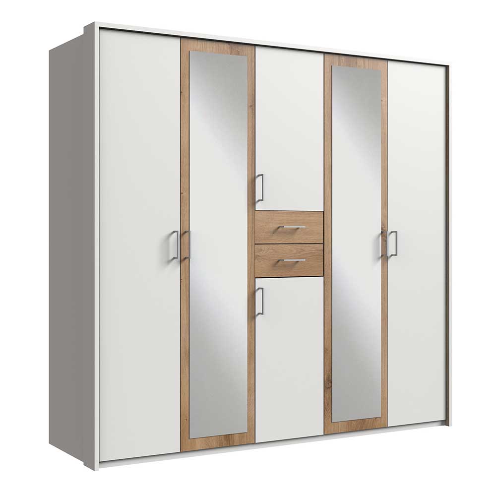 Weißer Kleiderschrank mit Plankeneiche 225 cm breit - Leela