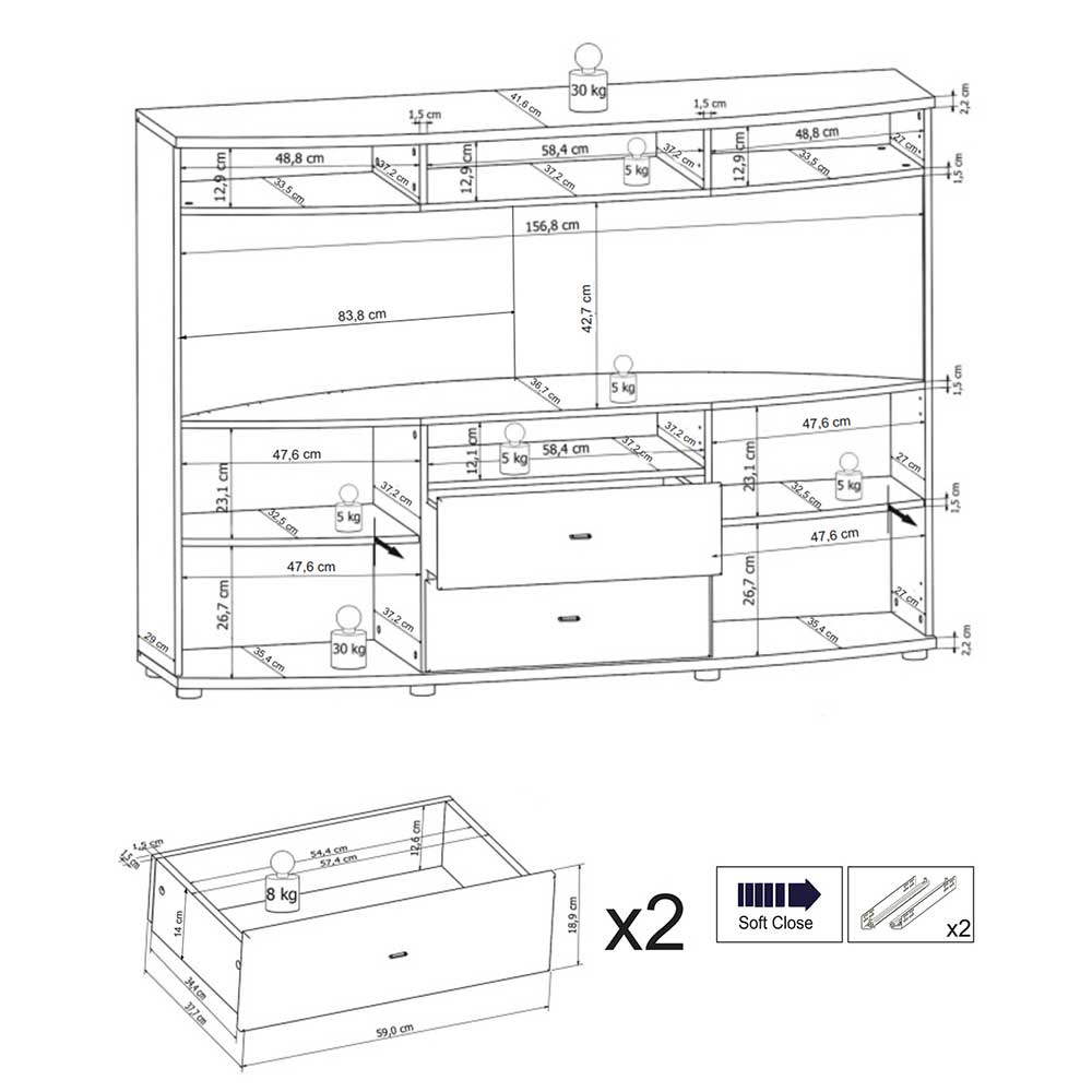 Design Sideboard mit Glaseinsatz - Lyneka