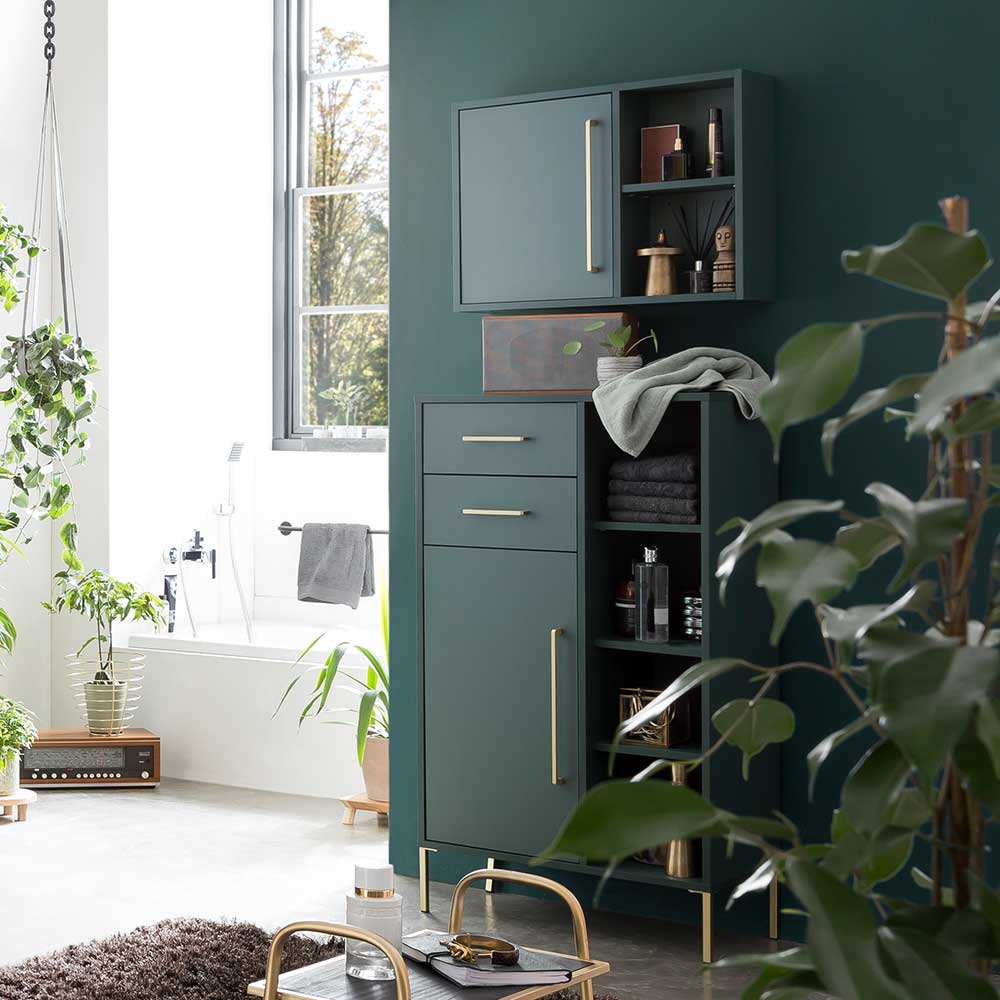 Badezimmer Highboard in Dunkelgrün & Gold - Aqua