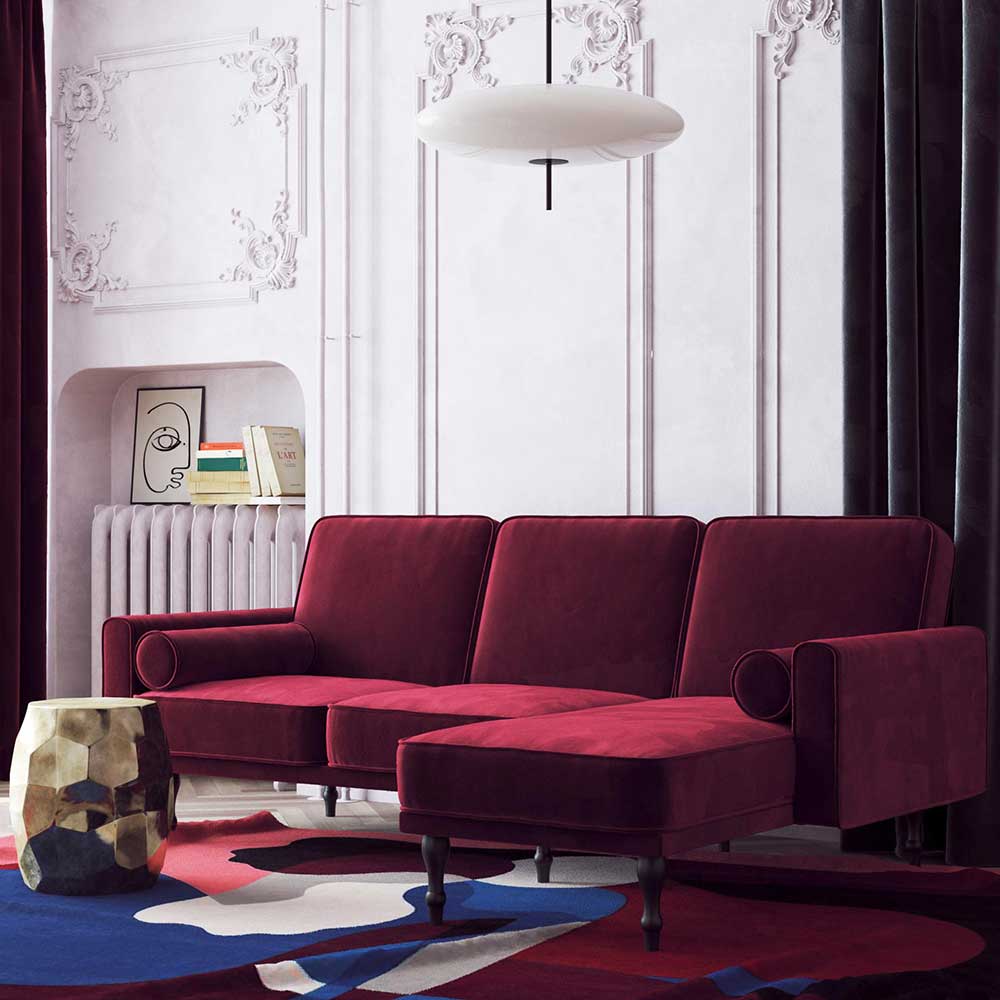 Retro Eck-Schlafcouch in Bordeaux Rot Samt - Lenox