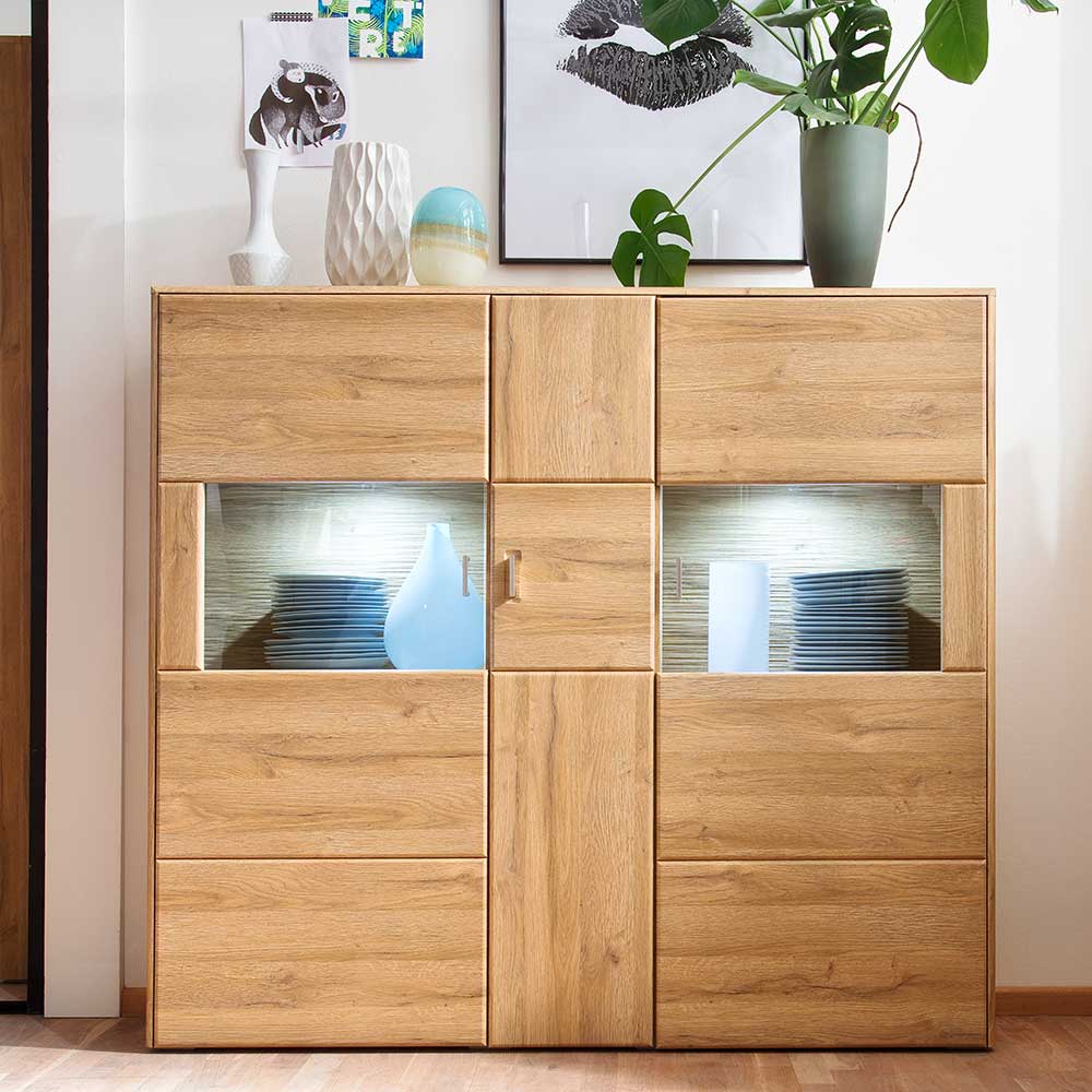 154x139x39 Schrank mit Glaseinsätzen in Wildeiche - Iniena