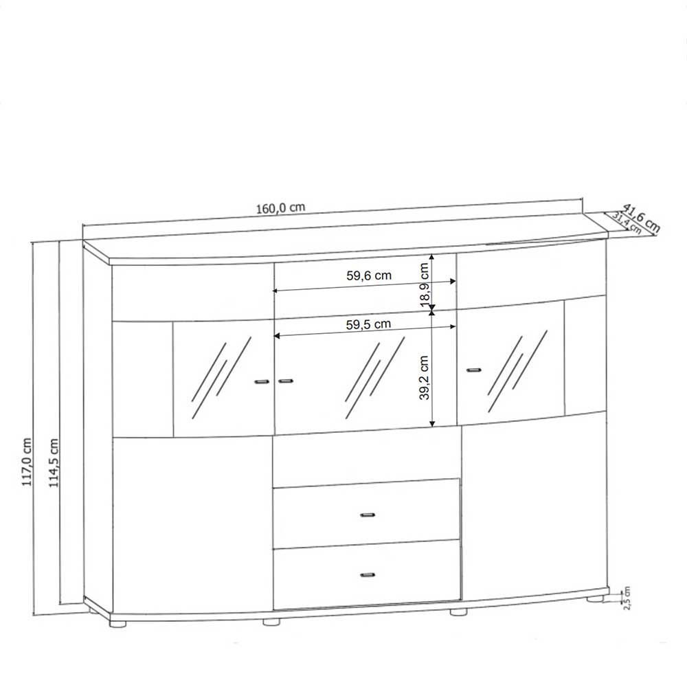 Design Sideboard mit Glaseinsatz - Lyneka